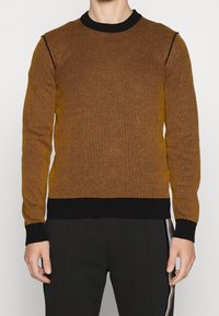 Sweter dziany w kolorze złoto-brązowym z teksturowanym wzorem. Posiada czarny prążkowany kołnierz i mankiety, dopasowaną sylwetkę oraz długie rękawy.