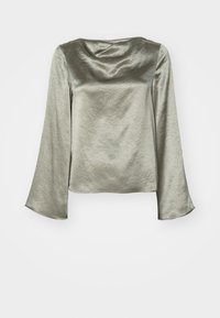 Long-sleeve, crew neck top in metallic olive green, featuring a crinkled texture and flared sleeves. Back closure detail visible.