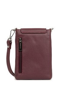 Borsa crossbody in pelle bordeaux con finitura testurizzata, tasca con zip e manico corto per un facile trasporto. Design compatto e rettangolare.