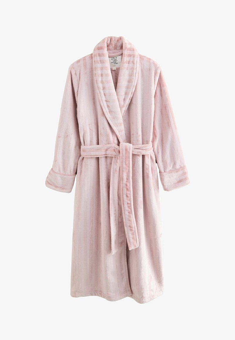 Pink plush bathrobe with a shawl collar, belted waist, and long sleeves. Vertical stripes create a textured appearance. Soft and cozy material.