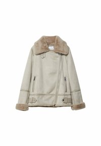 Beige shearling jacket with a fur collar, side zippers, and buckle accents on cuffs. Smooth texture with contrasting tan fur trim.