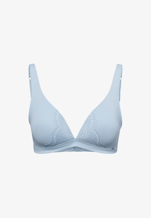 Light blue triangle bra made of smooth fabric with lace detailing along the cups and an adjustable strap design.