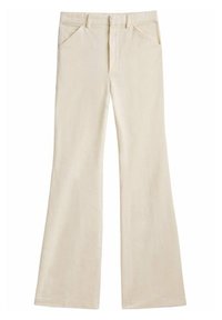 Pantalon beige en velours côtelé avec poches avant, passants pour ceinture et jambes évasées, disposé à plat sur un fond blanc.