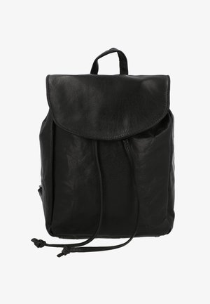 Černý kožený batoh s kulatým klopem, stahovací závěsem a horním uchopem. Hladký povrch s minimálním prošíváním. Jednoduchý design.