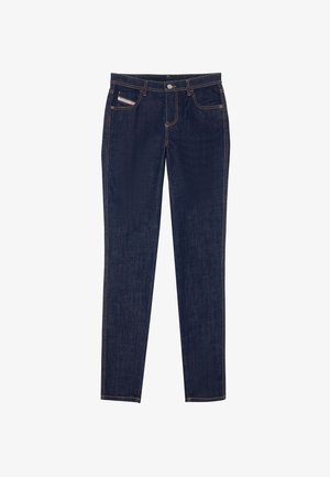 Temno modri kavbojasti hlače s prilagojeno zasnovo, ki imajo pet žepov, oranžno šivanje in gumbasto zapiranje v pasu.