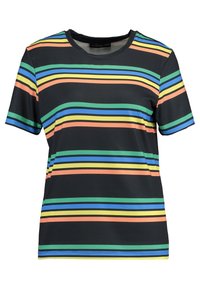 Camiseta de manga corta en negro con rayas horizontales en naranja, verde, azul y amarillo. Fabricada con una tela suave y elástica.