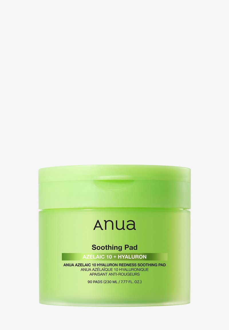 Groene container van Anua Soothing Pad met Azelaic 10 + Hyaluron, bevat 90 pads voor het verlichten van roodheid en hydratatie.