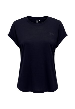 Camiseta negra de manga corta con puños enrollados y pequeño logo "ONLY PLAY" en el pecho izquierdo superior.