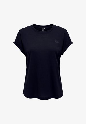 Camiseta negra de manga corta con puños enrollados y pequeño logo "ONLY PLAY" en el pecho izquierdo superior.