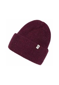 Knit beanie in dark burgundy color, featuring a ribbed texture and a folded brim. A small branded tag is visible on the side.