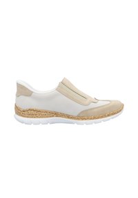 Botte à enfiler avec un supérieur en toile beige et blanche, des accents en daim, une semelle intermédiaire en liège naturel texturé et une semelle en caoutchouc blanche.