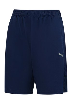 Marineblaue Sportshorts mit elastischem Bund, Seitentaschen und einem kleinen Puma-Logo am rechten Oberschenkel.