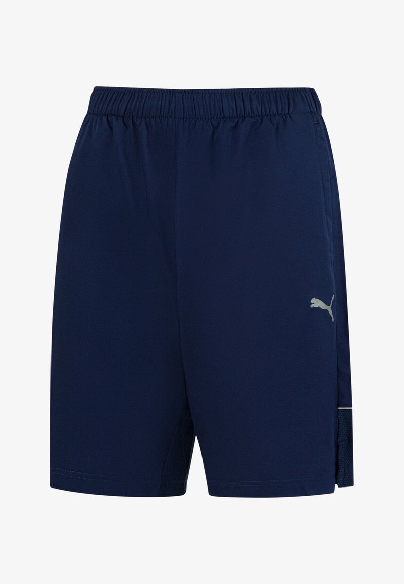 Shorts de sport bleu marine avec taille élastique, poches latérales et petit logo Puma sur la cuisse droite.