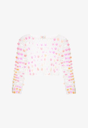 White cropped top with long sleeves, featuring a raised texture of multicolored sequins in pink, orange, and yellow circular shapes.