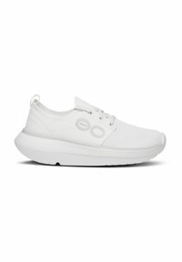 White athletic sneakers with a smooth synthetic upper, mesh panels, rounded toe, and a thick EVA midsole. Features minimalistic eyelets and a heel tab.