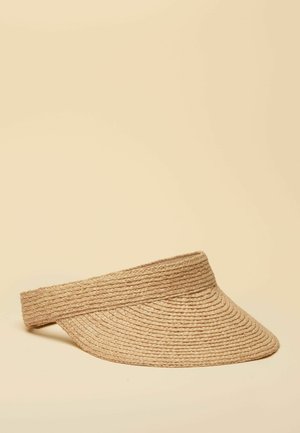 Vizieră de soare din paie țesută bej, cu bor larg și partea superioară deschisă, destinată protecției solare și respirabilității.