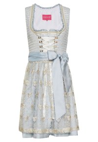 Robe dirndl bleu clair avec corsage à lacets, motif floral brodé, ceinture en ruban de satin et jupe à plusieurs couches avec un voile transparent.