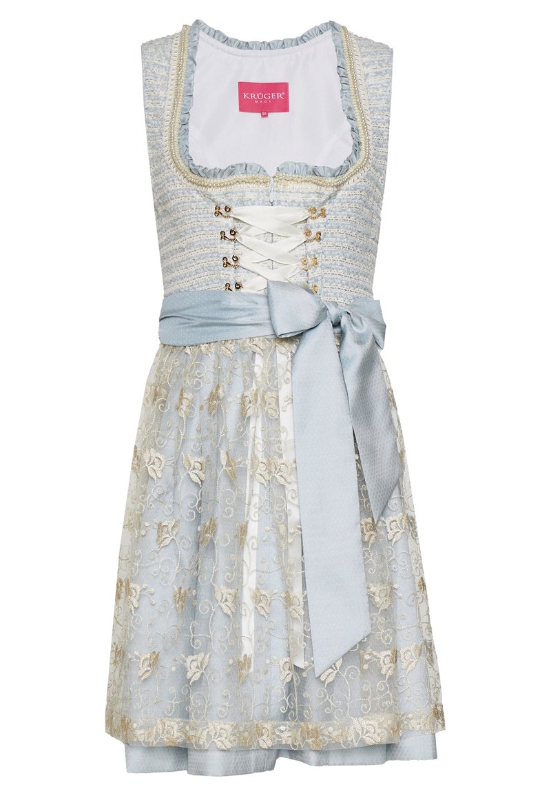 Robe dirndl bleu clair avec corsage à lacets, motif floral brodé, ceinture en ruban de satin et jupe à plusieurs couches avec un voile transparent.