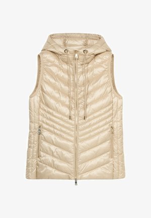 Chaleco sin mangas beige con capucha, que cuenta con un cierre frontal, acolchado en forma de chevrón, dos bolsillos laterales y acentos de cordón. Tejido suave y brillante.
