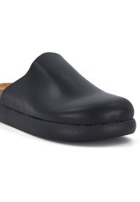 Black leather clogs with a smooth finish, rounded toe, and cork footbed. Textured rubber sole for grip and durability.