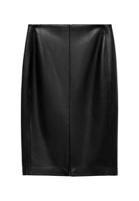 Jupe crayon en cuir noir avec une texture lisse, présentant une coupe droite, une taille et un détail de couture centrale. Aucun embellissement supplémentaire.