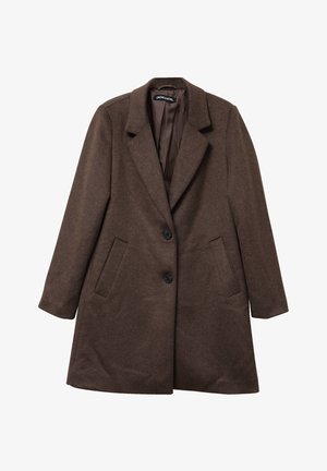 Brown wool blend coat with a notched collar, two black buttons, side pockets, and a smooth inner lining. Features a tailored fit.