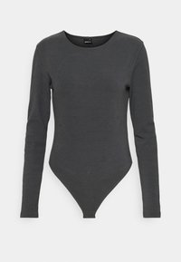 Tmavě šedý body s dlouhým rukávem, kulatým výstřihem, ribbovanou texturou a spodním dílem ve tvaru tanga pro přiléhavý design.