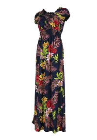 Robe maxi florale avec un fond bleu marine foncé, des fleurs roses et jaunes vives, et des motifs feuillus. Comprend des manches à volants et un corsage froncé.