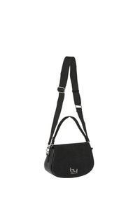 Borsa nera con corpo in suede e dettagli in pelle, dalla forma curva. Include una tracolla regolabile e un dettaglio logo sul davanti.