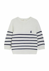 Weißer Strickpullover mit navyblauen horizontalen Streifen, einem Boots-Logo sowie gerippten Bündchen und Saum. Klassischer Rundhalsausschnitt, weiche Textur.