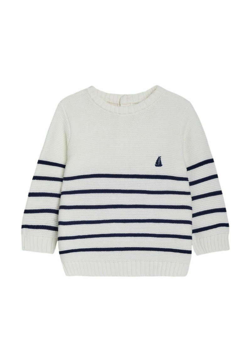 Weißer Strickpullover mit navyblauen horizontalen Streifen, einem Boots-Logo sowie gerippten Bündchen und Saum. Klassischer Rundhalsausschnitt, weiche Textur.