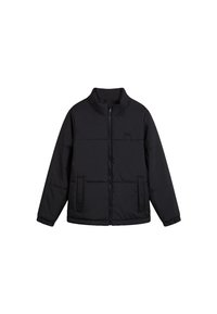 Giacca puffa nera con colletto alto, zip frontale e due tasche. Presenta una texture trapuntata e un discreto logo Vans sul petto.