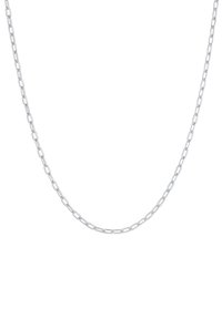 Zilveren schakelketting met verlengde schakels en een gepolijste afwerking. Glad textuur en uniform ontwerp. Lengte varieert voor aanpasbaar draaggemak.