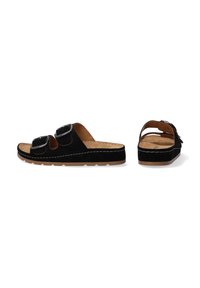 Black slide sandals with two adjustable buckles, featuring a tan insole and textured sole, displayed from both side and back views.