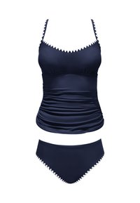 Navy modrý tankini set s nařaseným topem a odpovídajícími spodními díly. Obsahuje bílý cik-cak lem na ramínkách a pase. Hladká textura, pružná látka.