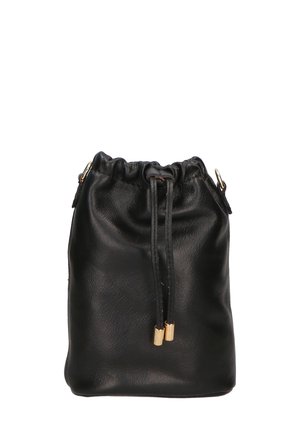 Zwarte leren emmerzak met een trekkoordsluiting, accenten van goudkleurig metaal, zachte textuur en een ronde basis.