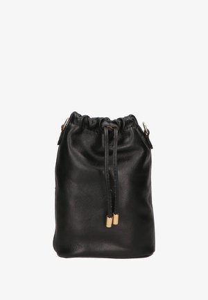 Zwarte leren emmerzak met een trekkoordsluiting, accenten van goudkleurig metaal, zachte textuur en een ronde basis.