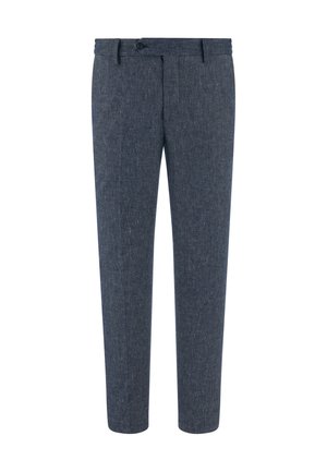 Slim-fit herenbroek in marineblauw met structuur, met riemlussen, knoopsluiting en rits aan de voorkant.
