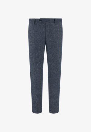 Miesten slim fit -housut laivastonsinisellä teksturoidulla kankaalla, joissa on vyölenkit, nappikiinnitys ja edessä vetoketjullinen avaus.