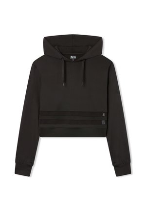 Felpa nera corta con maniche lunghe, cappuccio con lacci, tre strisce orizzontali in vita e texture liscia. Taglia S.