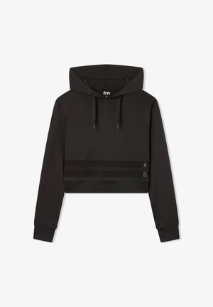 Czarna krótka bluza z długim rękawem, z kapturem na sznurki, z trzema poziomymi paskami w talii oraz gładką teksturą. Rozmiar S.