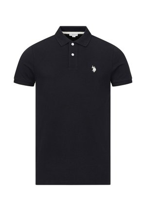 Schwarzes Poloshirt mit kurzen Ärmeln, zwei weißen Knöpfen und einem weiß gestickten Polospieler-Logo auf der linken Brust.
