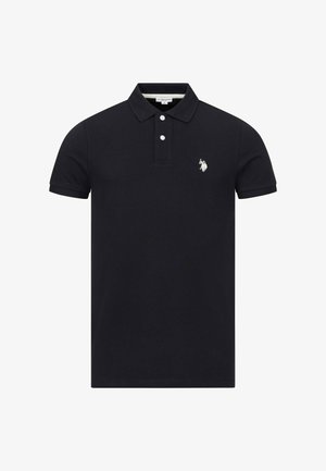 Black short-sleeve polo shirt with two white buttons and white embroidered polo player logo on left chest.
