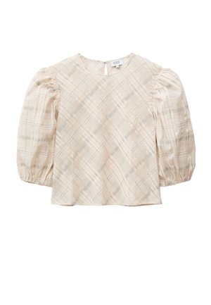 Kreemjas pluus pahklu 3/4 varrukatega, peene ruudulise mustriga, ümar kaelusega ja nööpidega tagaküljel.