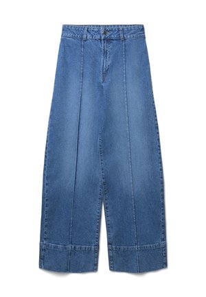 Culotte in denim blu con un design a gamba larga, dotati di una vita alta, pieghe frontali e orli arrotolati. Tessuto liscio con accenti di cuciture classiche.