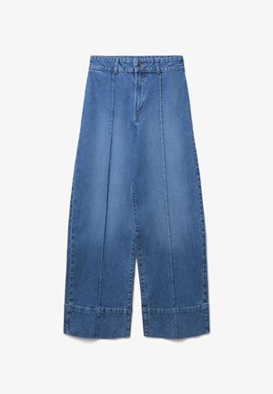 Culotte in denim blu con un design a gamba larga, dotati di una vita alta, pieghe frontali e orli arrotolati. Tessuto liscio con accenti di cuciture classiche.