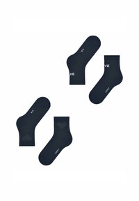 Dunkelblaue Socken mit strukturierter Oberfläche. Merkmale sind die kurze Länge, ein Herz-Detail auf einer Socke und kontrastierende weiße Markenkennzeichnung auf beiden.