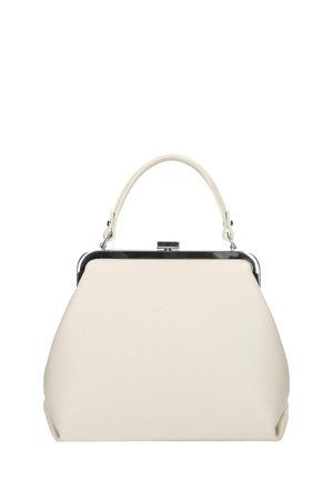 Borsa in pelle di colore crema con una silhouette curva, chiusura metallica argento e manico corto. Nessun motivo o dettaglio visibile.