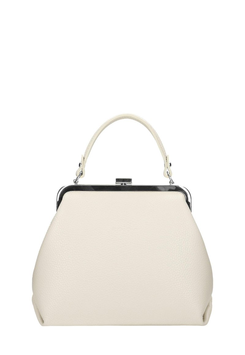 Kremowa skórzana torebka o zaokrąglonym kształcie, ze srebrnym metalowym zapięciem i krótkim uchwytem. Brak widocznych wzorów ani akcentów.