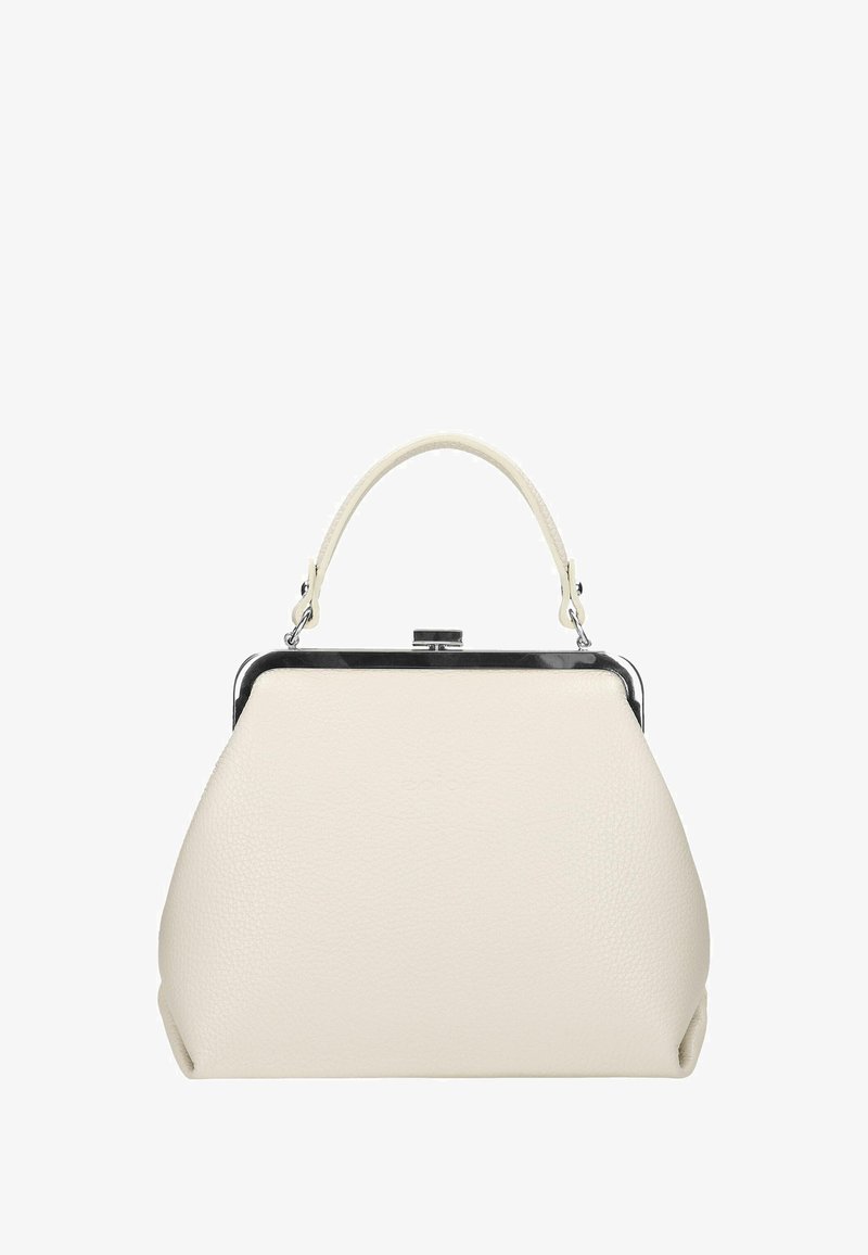 Kremowa skórzana torebka o zaokrąglonym kształcie, ze srebrnym metalowym zapięciem i krótkim uchwytem. Brak widocznych wzorów ani akcentów.